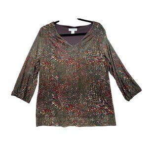 Christopher & Banks Womens Blouse Top Size L Petite Multicolor V-Neck 3/4 Sleeve